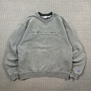 Y2K Champion Crewneck‎ Sweatshirt Men's Medium Gray Distressed Thrashed Boxy Fit